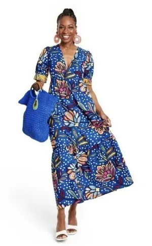 Tabitha Brown for Target Blue Floral Polka Dot Maxi Dress Cotton Tropical Size 4 thumbnail 1