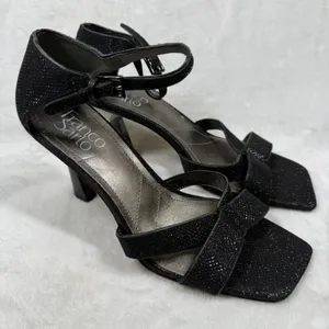 Franco‎ Sarto Womens Black Shimmer Square Toe Flare Heel Ankle Strap Sandals 8M thumbnail 1