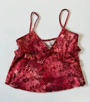 SheIn Plus Size Y2K Red Babydoll Paisley Floral Ruffle Hem Camisole Fairy Tank Top thumbnail 1