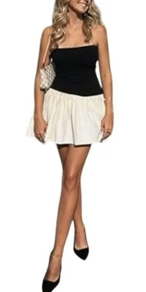 Strapless Dress Color Block Fit & Flare Mini Dress Womens Size Small Black Cream thumbnail 1