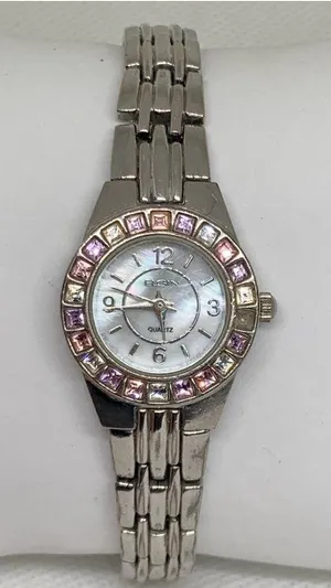 Vintage Elgin women’s watch silver tone mop dial Gemstones quartz 23mm running thumbnail 1