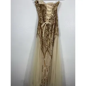 Angel Fashions Strapless Gold Sequin Beaded Long Gown Dress Women Size L thumbnail 6