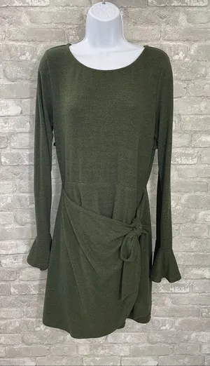 Lulus Favorite Tune Olive Green Faux Wrap Sweater Dress thumbnail 1
