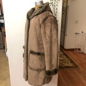 Dennis Basso Coat Reversible Faux Suede Fur Mink Brown Hooded thumbnail 2