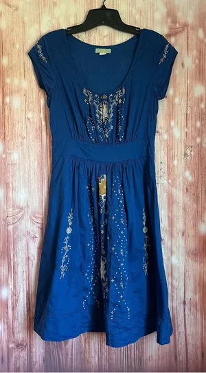 Anthropologie Lil Blue Scoop Neck White Embroidered Cap Sleeve Mini Dress Sz 4 thumbnail 1