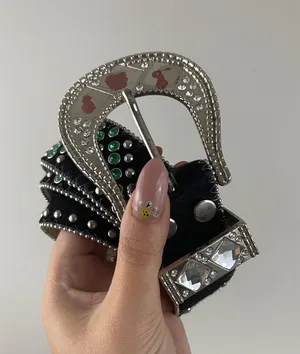 Western Leather Black Calf Hair Studded Rhinestone Embellished Statement Belt thumbnail 1