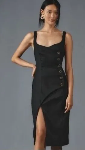 Anthropologie Black Linen‎ Asymmetrical Button Front Midi Dress XLP Petite thumbnail 1