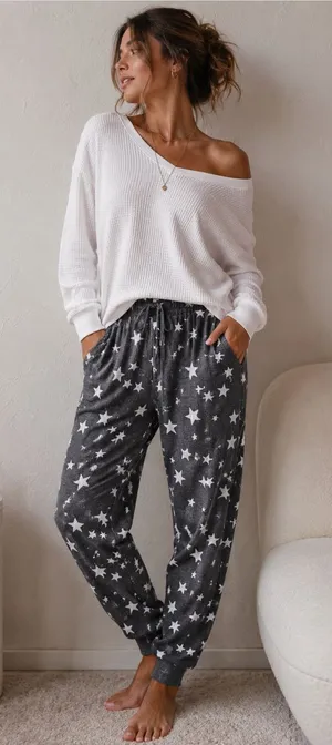 Victoria’s Secret Gray Waffle Knit Star Print Lounge Joggers thumbnail 1