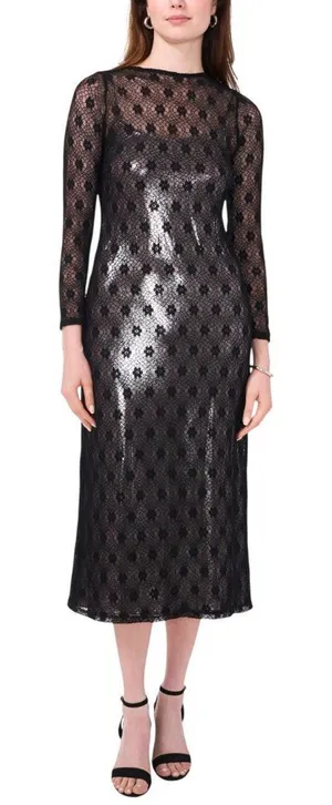 NWT Cece Womens Metallic Lace-Over Long-Sleeve Midi Dress Black XS thumbnail 1