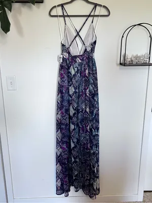NWT Windsor Purple Snakeskin Print Crisscross Back Slit Leg Maxi Dress Small thumbnail 2
