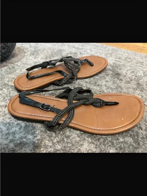 American Eagle Outfitters Black Braided Thong Sandals with Tan Footbed thumbnail 3
