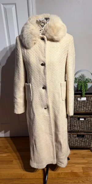 MADELINE by Alorna Wool Textured Tweed Dyed Fox Finland Cream Long Coat Fox Fur Collar Sz 12 thumbnail 1