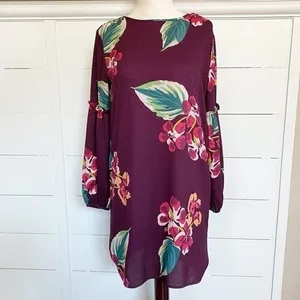 LOFT Womens Plum Purple Tropical Floral‎ Puff Sleeve Shift Dress XSP Petites thumbnail 8