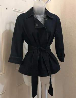 Apostrophe 2000s Y2K Goth Grunge office siren core Black denim fitted blazer jacket belted tie waist 3/4 sleeve & pockets-Size S Measurements in pics Excellent condition thumbnail 2