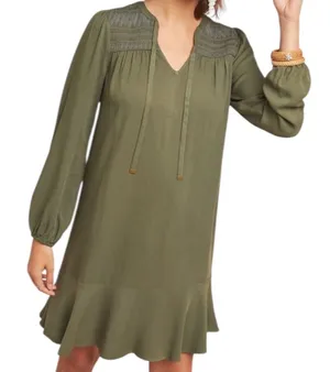 Anthropologie Maeve‎ Ragonda Tunic Dress Moss Green Smocked Long Sleeve Size 12 thumbnail 1
