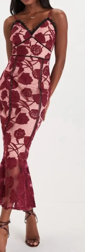 Lulus Alluring Dream Burgundy Floral Mesh Lace Trumpet Midi Dress thumbnail 1