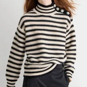 J. CREW Cable-Knit Mock-neck Pullover Sweater Size Small Stripe Jewel Buttons thumbnail 1