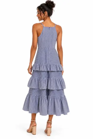 Just Me Blue Striped Tiered Ruffle Halter Midi Dress thumbnail 3