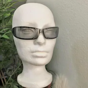 Unisex Retro Futuristic Rectangular Wraparound Rimless Sunglasses Silver Grey Clear Vintage 90 w/ screw metal screws accents sporty streetwear #goth #grunge thumbnail 2