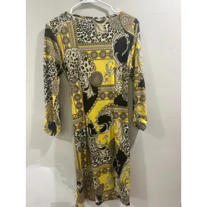 Carmen Marc Valvo Yellow Baroque Leopard Print Faux Wrap Dress Gold Stud Medium thumbnail 2