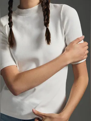 Anthropologie Maeve Mock Neck Top in White thumbnail 1