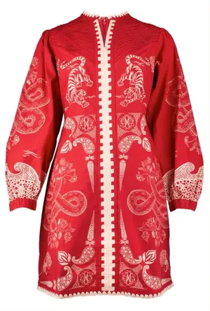 ANNA CATE Jenny Scarlet Embroidered Tiger Long Sleeve Dress 100% Cotton Size S thumbnail 1