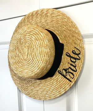 Bride Custom Wicker Straw Hat w/ Black Bow Hand Painted Vynl thumbnail 1