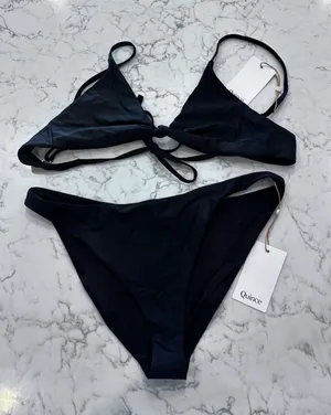 NWT Quince Black Knot Tie Bikini Top & Italian Low Rise Bottom Set Large thumbnail 1