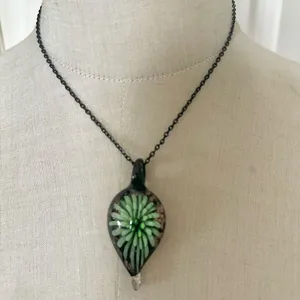 Green Glass Flower Pendant Necklace – Black Chain – Boho Art Glass thumbnail 2