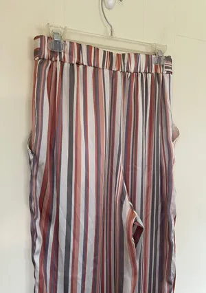 satin striped pants elastic waist belted pink grey women’s size M thumbnail 4