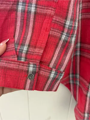 POL Red Plaid Lace Up Tunic Shirt Size L Boho Grunge Flannel Oversized Top thumbnail 10