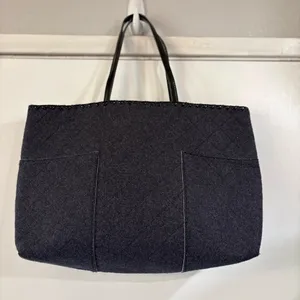 Tory Burch Block T Felt Tote Shoulder Bag Carry On Work Travel Blue Gray Logo thumbnail 4
