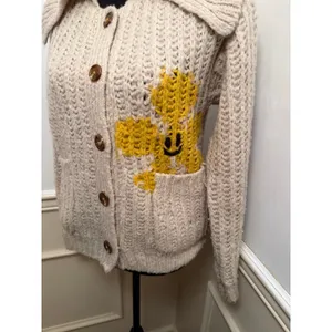 Anthropologie Pilcro Happy Flower Chunky Knit Cardigan Sweater Cream Button Up thumbnail 3