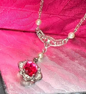 10K Gold 13” Red Stone/Pearl Drop Necklace thumbnail 6
