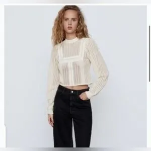 Zara Romantic Sheer Knit Top Lace Trim High Neck Keyhole Back Long Sleeve Size S thumbnail 2