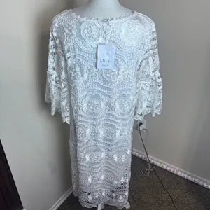 hlkodo White Floral Lace Shift Dress V-Neck Flutter Sleeve XL Cottagecore thumbnail 4