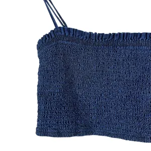 Abercrombie & Fitch Smocked Denim Look Crop Top Indigo Blue Boho Summer Size L thumbnail 2