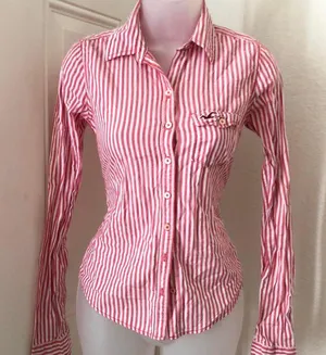 Hollister 2000s Co. pinkish red and white vertical striped button up down fitted shirt long sleeve Measurement in pics Office siren core thumbnail 1