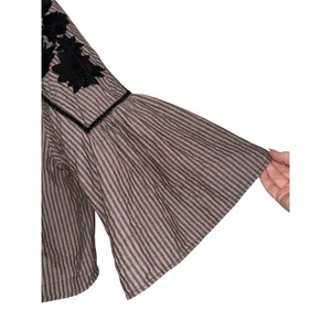 Free People Embroidered Striped Bell Sleeve Boho Blouse Beige Black Large thumbnail 7