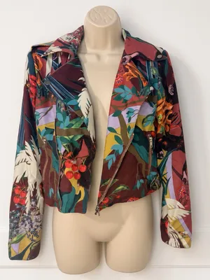 RIVIR Cropped Moto Jacket Size S NWT Tropical Jungle Print Zip thumbnail 1