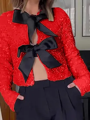 Source Unknown NWOT Red Sequin Bow-Tie Crop Jacket - Women's Sz Med thumbnail 1