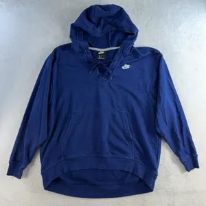 Nike M Medium Hoodie Sweatshirt Classic Swoosh Pullover Deep V-Neck Lace Up Blue thumbnail 2