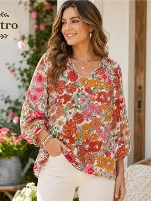 Entro Floral Blouse Womens Large 100% Rayon Boho Peasant V Neck Retro Mums thumbnail 1