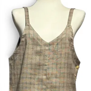 Hem & Thread Wide Leg Cropped Jumpsuit Plaid Brown Tan Beige Medium thumbnail 2