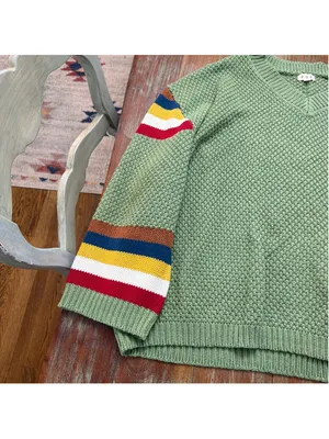 POL Sage Green Chunky Knit V-Neck Sweater Rainbow Stripe Sleeves Pocket M thumbnail 3