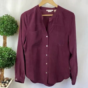 100% Silk Max Studio Burgundy Button Close Long Sleeve Colarless Blouse Top M thumbnail 2