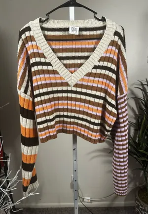 P193. BDG Striped V-Neck Cropped Sweater in Cream, Brown & Orange thumbnail 1