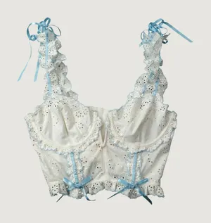 For Love & Lemons Eyelet Corset Top Size M White Blue Ribbon SKBR1513-SU21 thumbnail 1