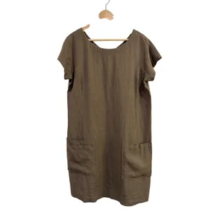 Eileen Fisher Brown Linen Blend Short Sleeve Pocket Shift Dress Sz S thumbnail 2