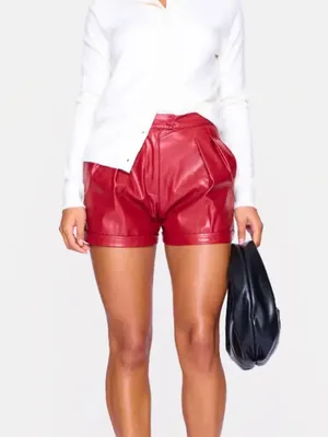 Pretty Little Thing faux leather red pleated shorts pockets women's size 2 thumbnail 6